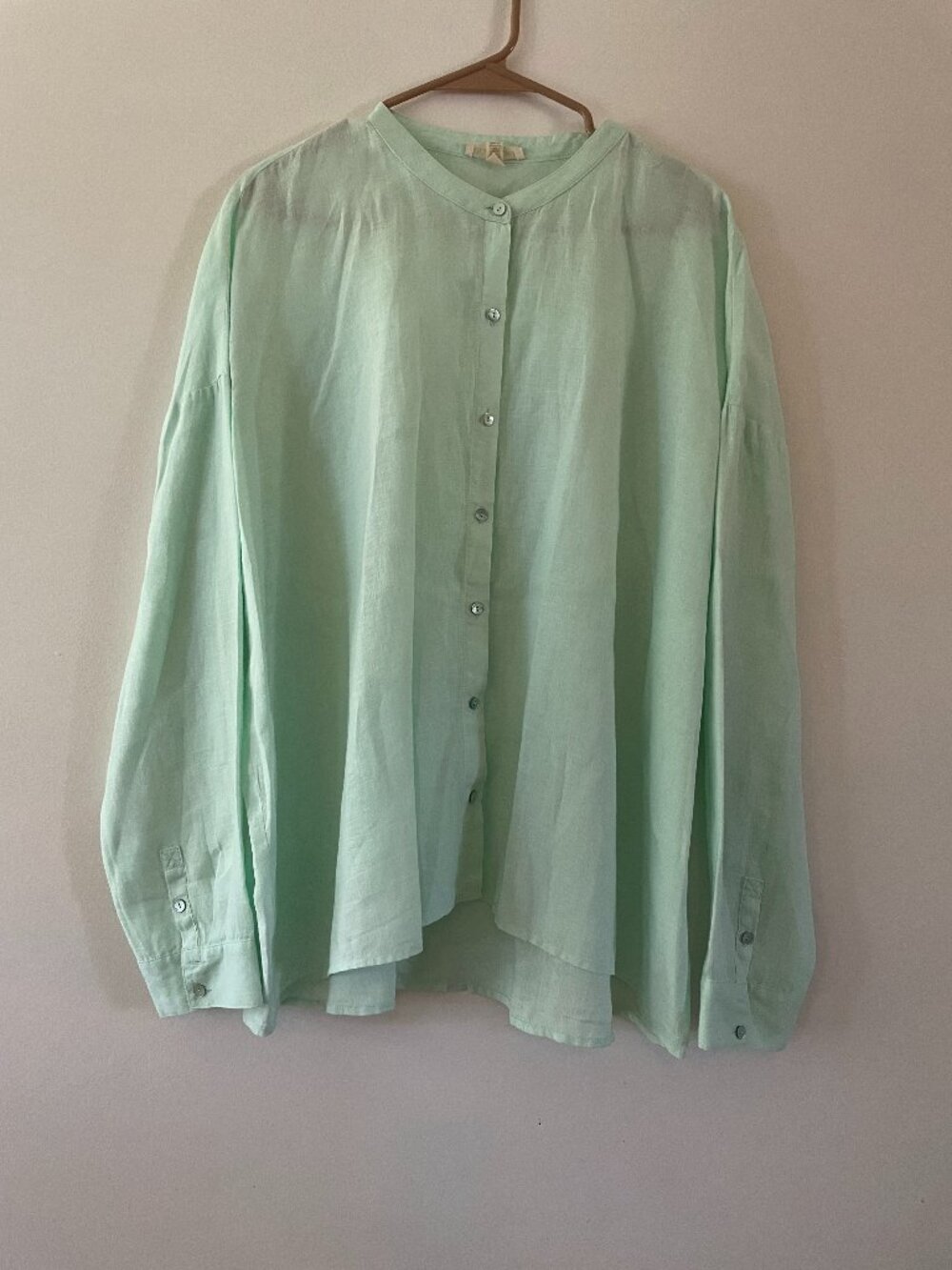 Eileen Fisher Pale Mint Green Linen Tunic Blouse Button Down Light weight XL